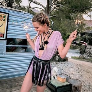 Showpo Tequila Sunrise Playsuit in Shimmering Mauve, Strappy Bra and Fringe Belt